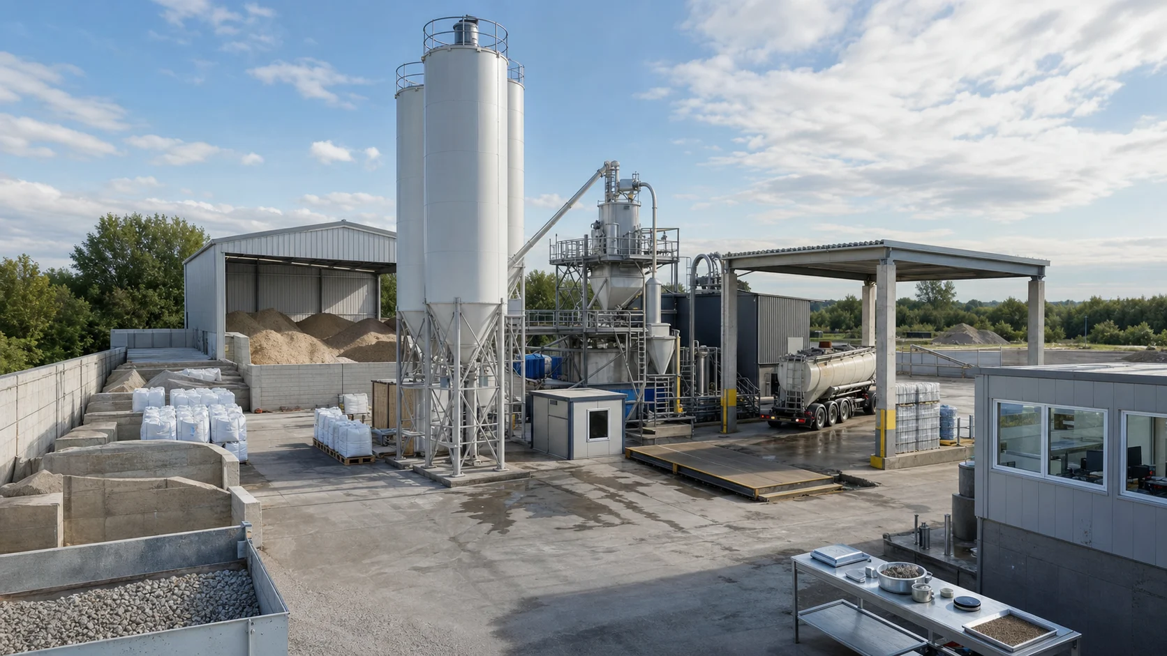 Wizualizacja miejsca produkcji i ekspedycji spoiwa hydraulicznego z silosami, dozowaniem, wagą i miejscem pobierania próbek