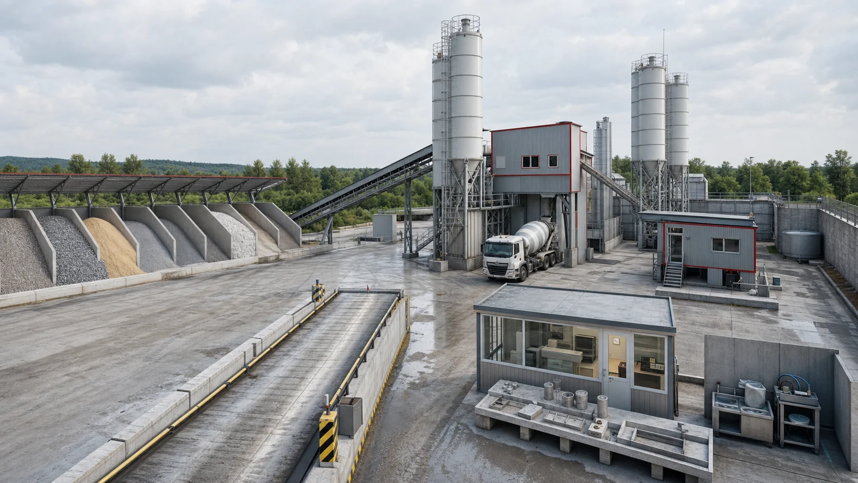 Wizualizacja wytwórni betonu towarowego z silosami, zasobnikami kruszywa, wagą, laboratorium i stanowiskiem załadunku