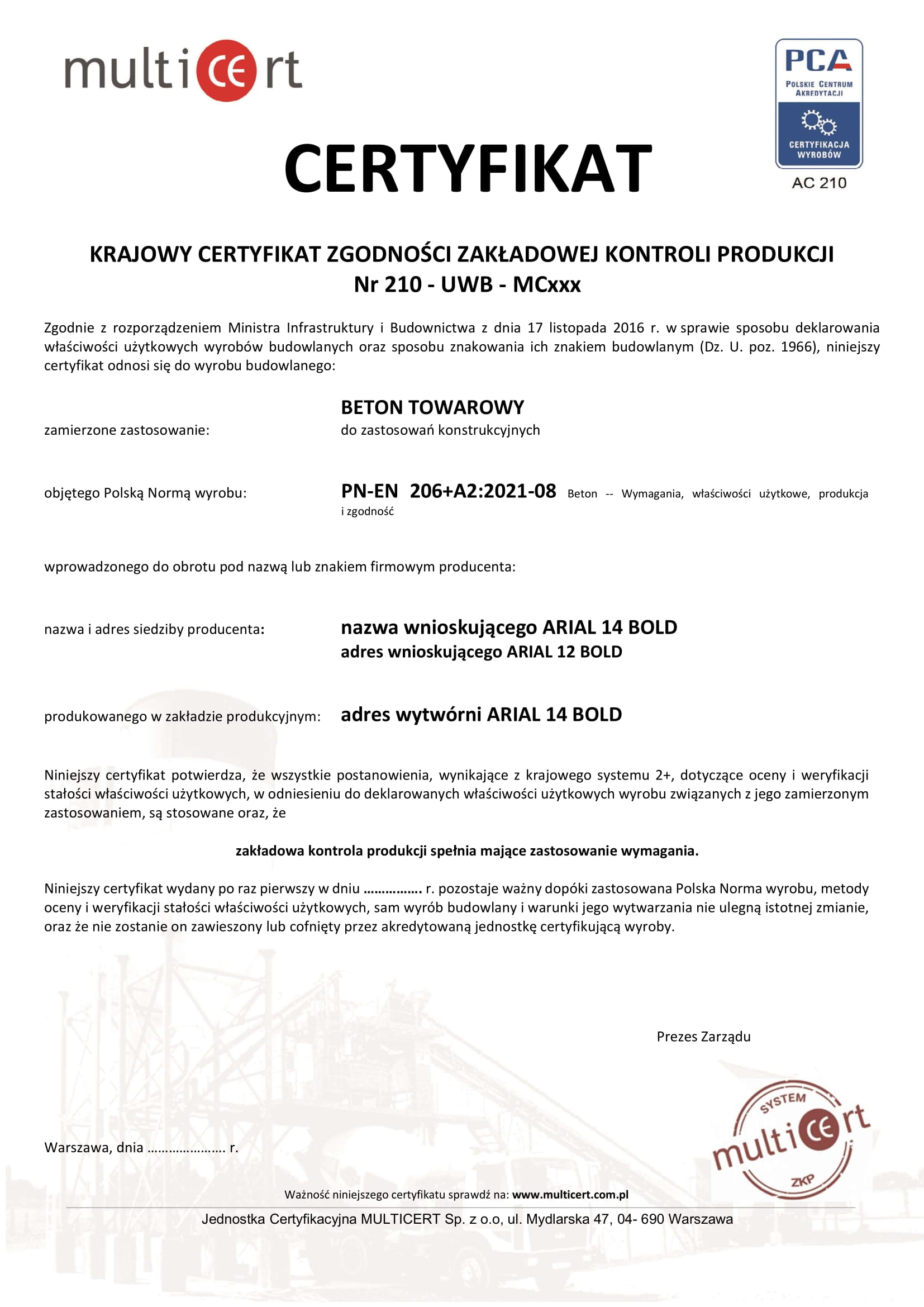 Wzór certyfikatu ZKP Multicert dla betonu